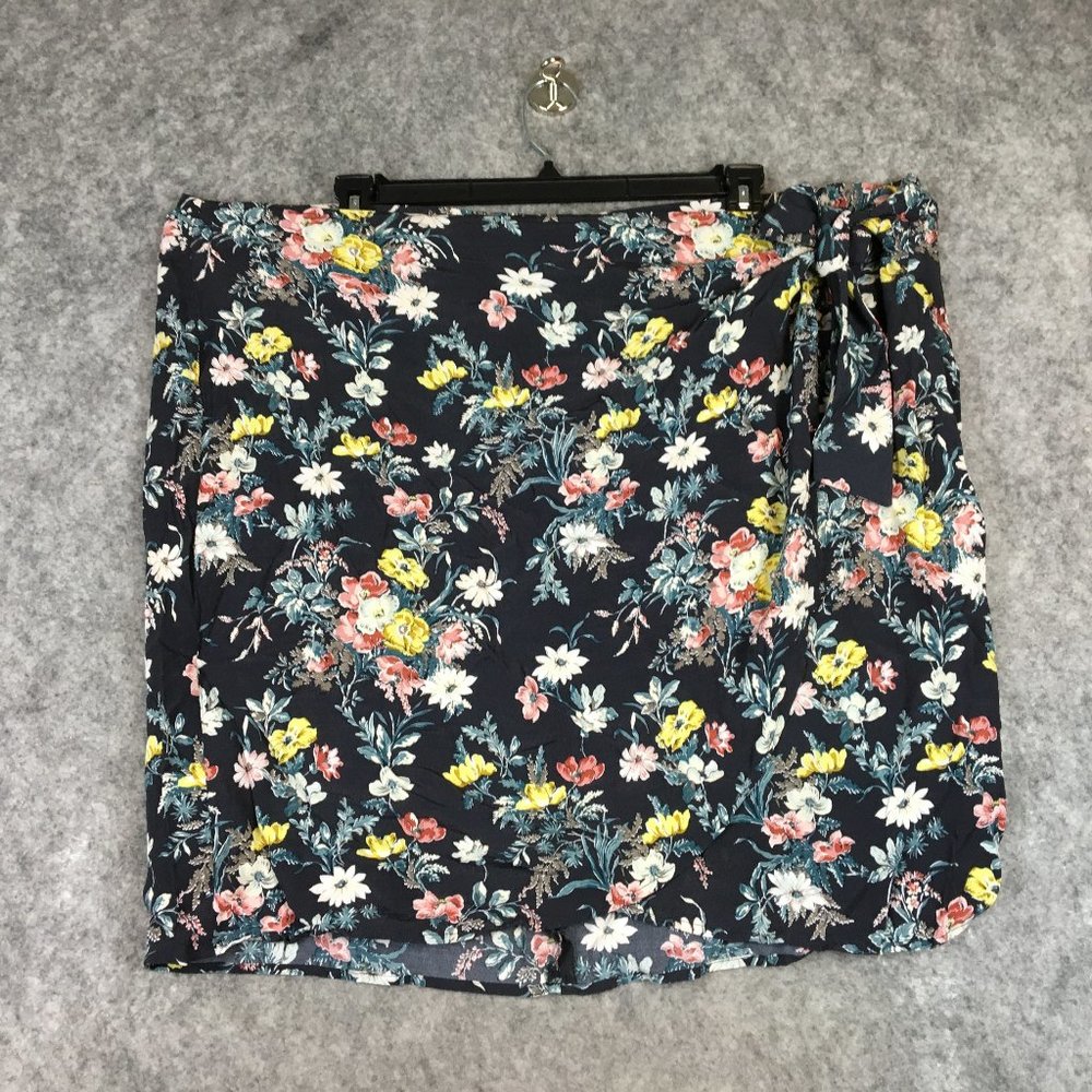 LOFT Plus Skirt 26 Floral Wrap Side Tie Lined Navy Blue Career Casual Straight